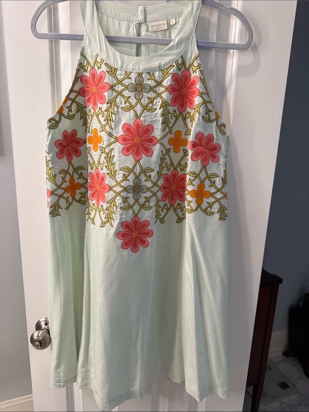 Spartina 449 Mint Embroidered Top with Coral & Yellow Accents